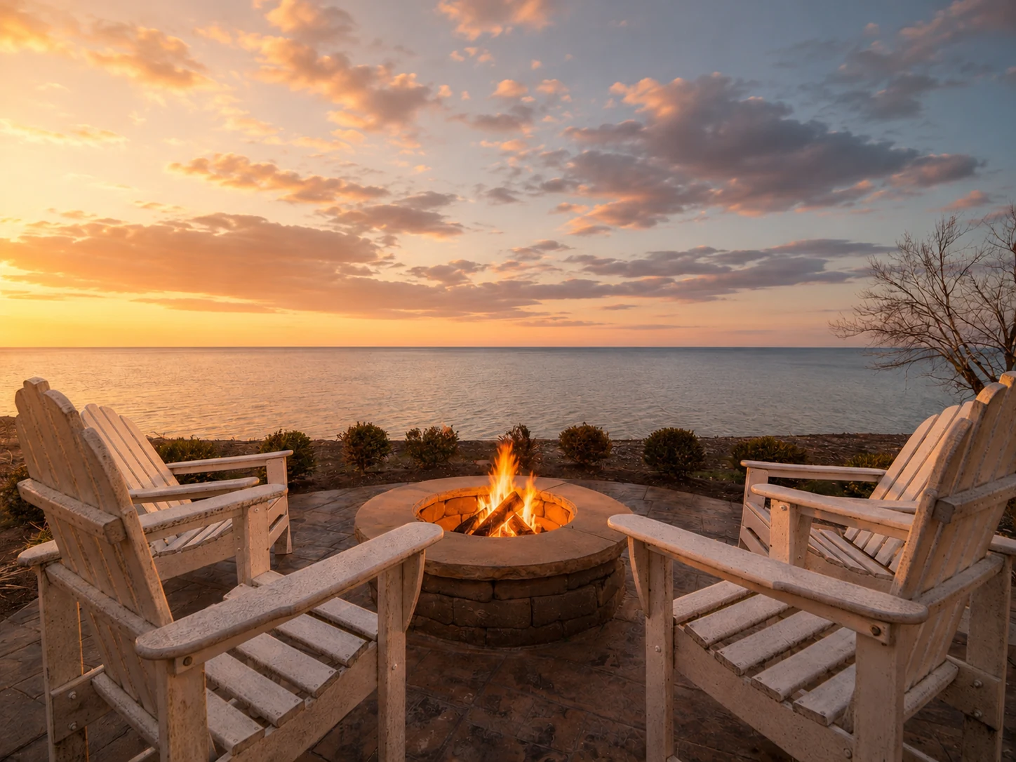Lake Erie waterfront fire pit at sunset